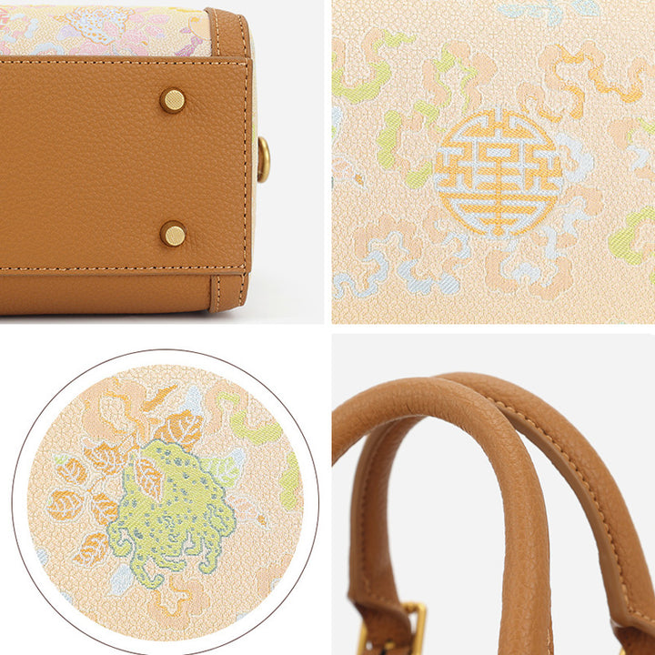 Yellow Cowhide Leather Boston Bag with Chinese Brocade Chinese Pattern Sanduo Motif
