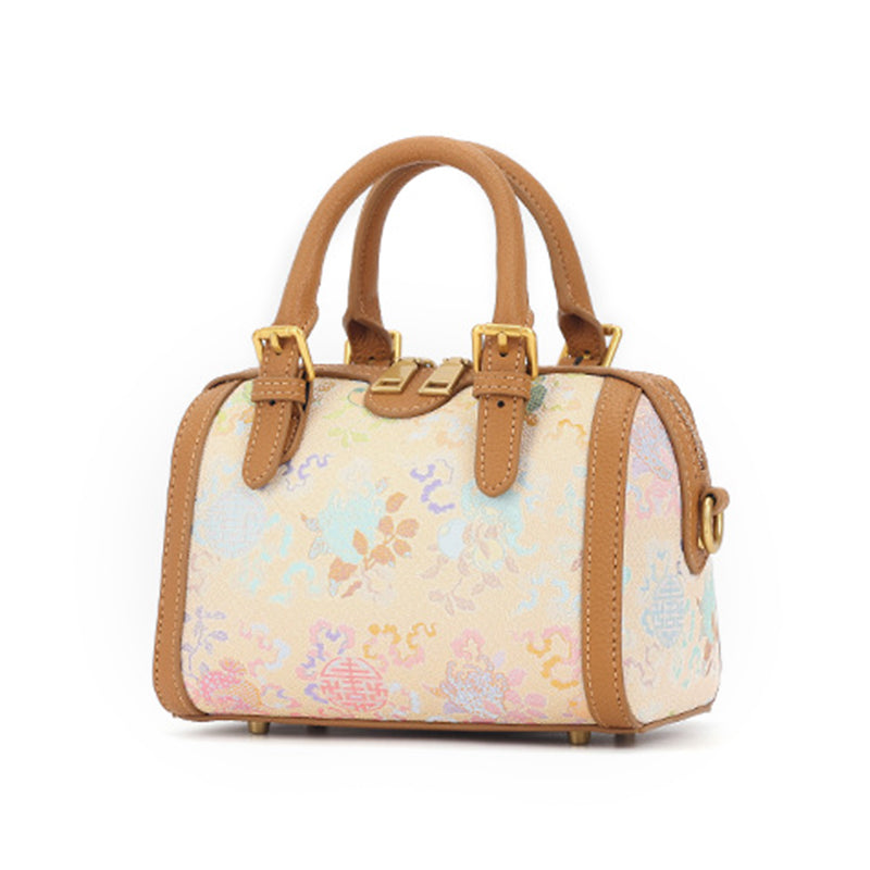 Yellow Cowhide Leather Boston Bag with Chinese Brocade Chinese Pattern Sanduo Motif