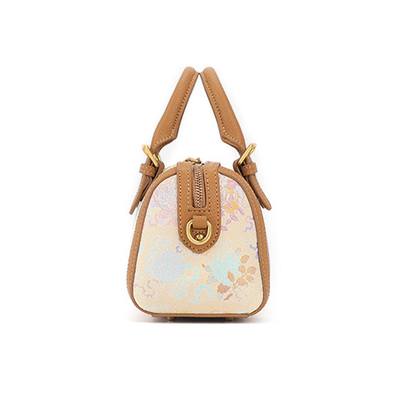 Yellow Cowhide Leather Boston Bag with Chinese Brocade Chinese Pattern Sanduo Motif