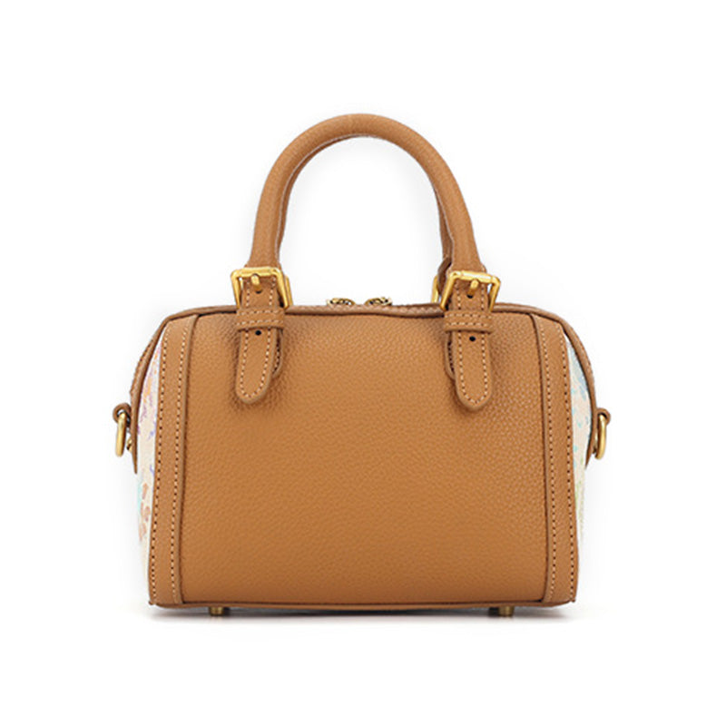 Yellow Cowhide Leather Boston Bag with Chinese Brocade Chinese Pattern Sanduo Motif