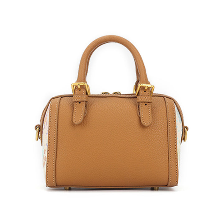 Yellow Cowhide Leather Boston Bag with Chinese Brocade Chinese Pattern Sanduo Motif