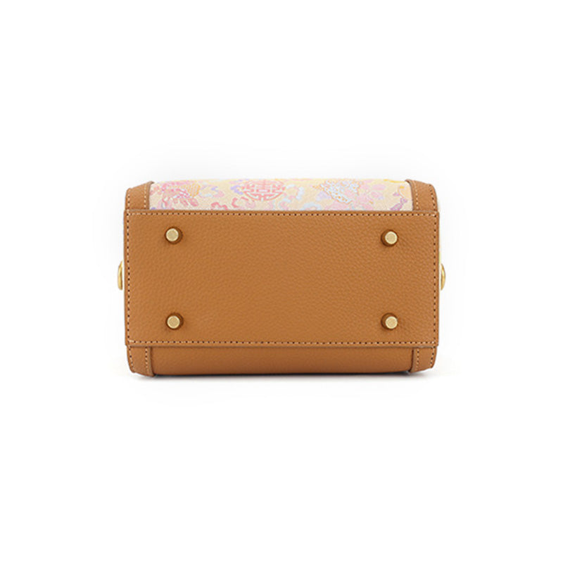 Yellow Cowhide Leather Boston Bag with Chinese Brocade Chinese Pattern Sanduo Motif