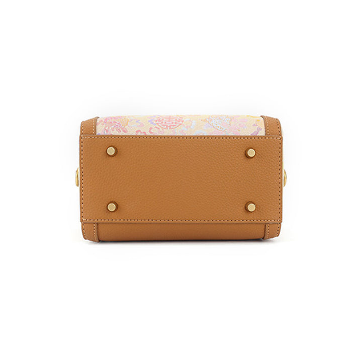 Yellow Cowhide Leather Boston Bag with Chinese Brocade Chinese Pattern Sanduo Motif