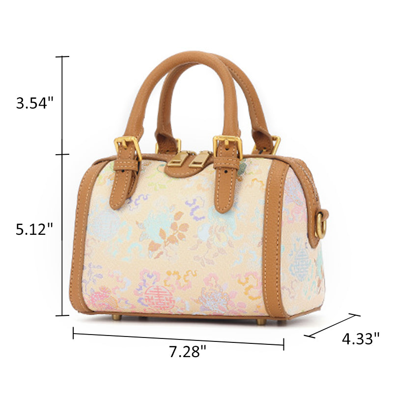 Yellow Cowhide Leather Boston Bag with Chinese Brocade Chinese Pattern Sanduo Motif