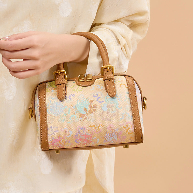 Yellow Cowhide Leather Boston Bag with Chinese Brocade Chinese Pattern Sanduo Motif