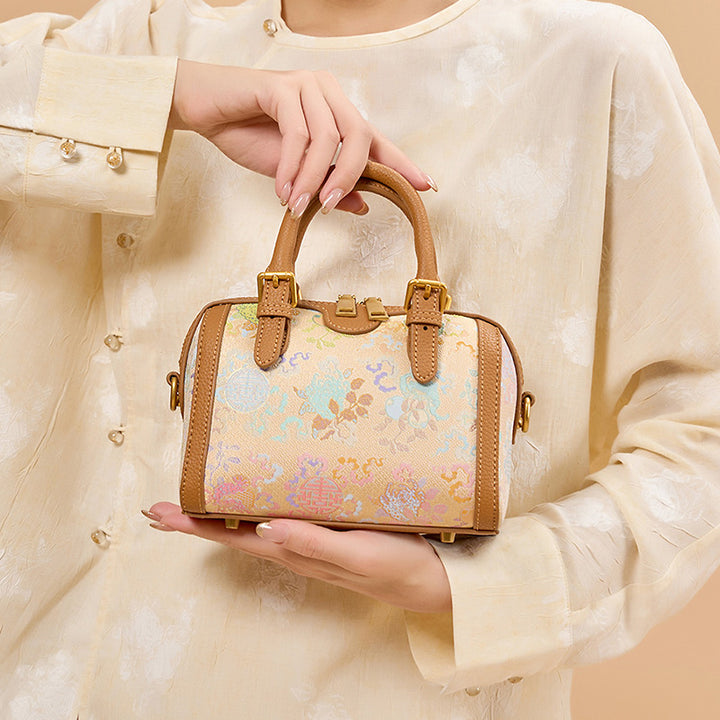 Yellow Cowhide Leather Boston Bag with Chinese Brocade Chinese Pattern Sanduo Motif