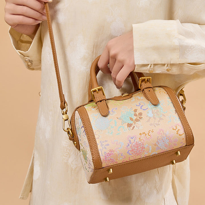 Yellow Cowhide Leather Boston Bag with Chinese Brocade Chinese Pattern Sanduo Motif