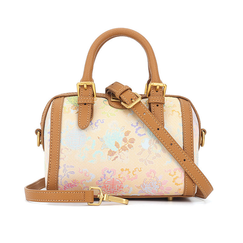 Yellow Cowhide Leather Boston Bag with Chinese Brocade Chinese Pattern Sanduo Motif