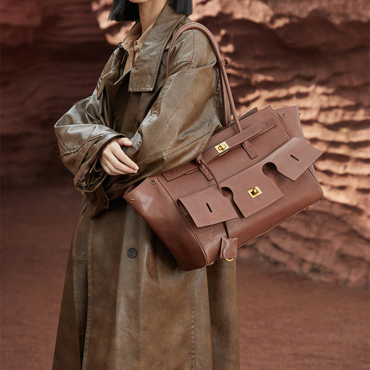 Leather Tote Bag Vegetable Tanned British Heritage Style Coffee &amp; Black