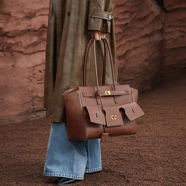 Leather Tote Bag Vegetable Tanned British Heritage Style Coffee &amp; Black