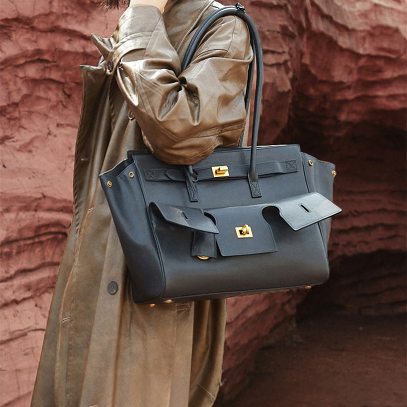 Leather Tote Bag Vegetable Tanned British Heritage Style Coffee &amp; Black