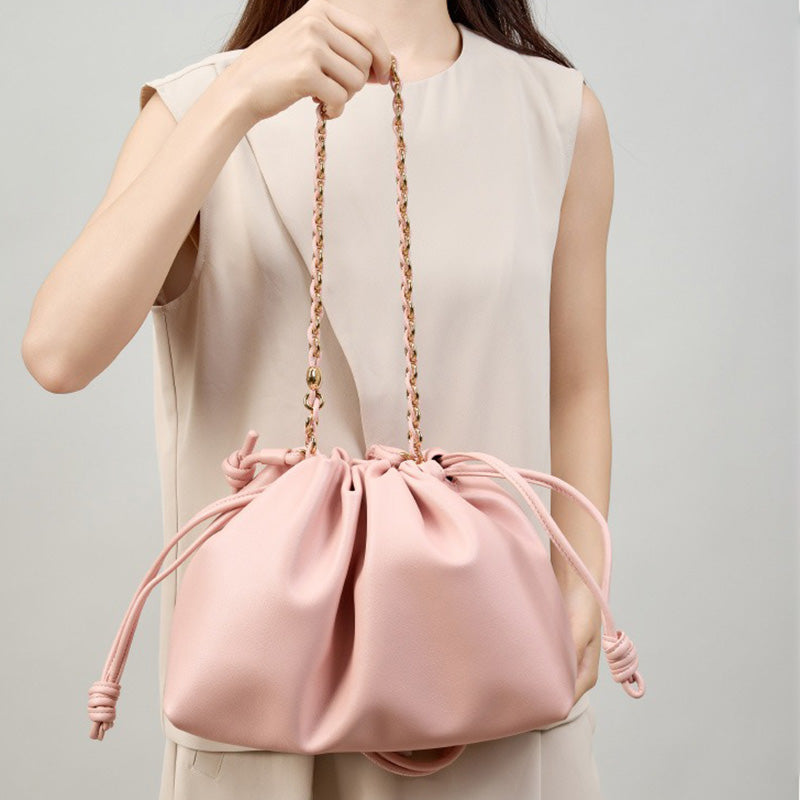 Soft Cowhide Leather Slouchy Ruched Bucket Bag with Chain Strap