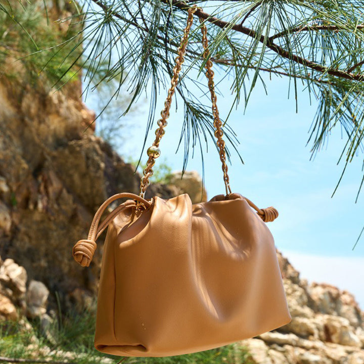 Soft Cowhide Leather Slouchy Ruched Bucket Bag with Chain Strap
