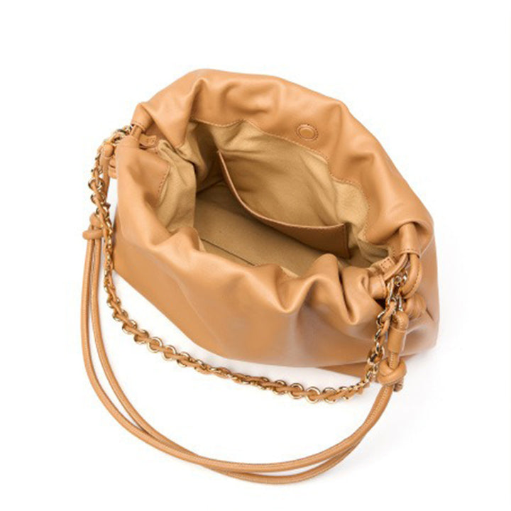Soft Cowhide Leather Slouchy Ruched Bucket Bag with Chain Strap