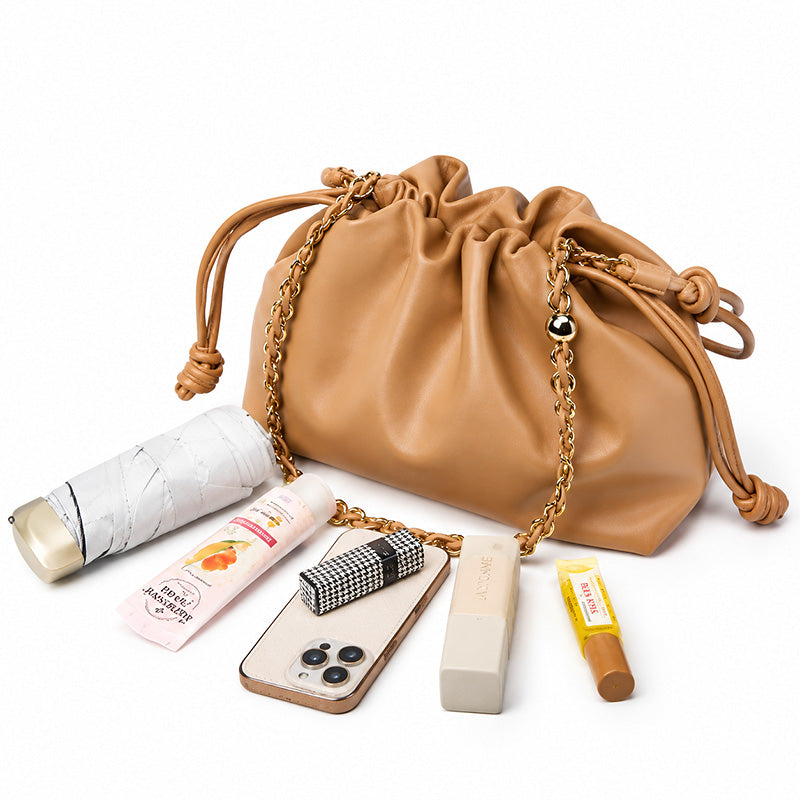 Soft Cowhide Leather Slouchy Ruched Bucket Bag with Chain Strap