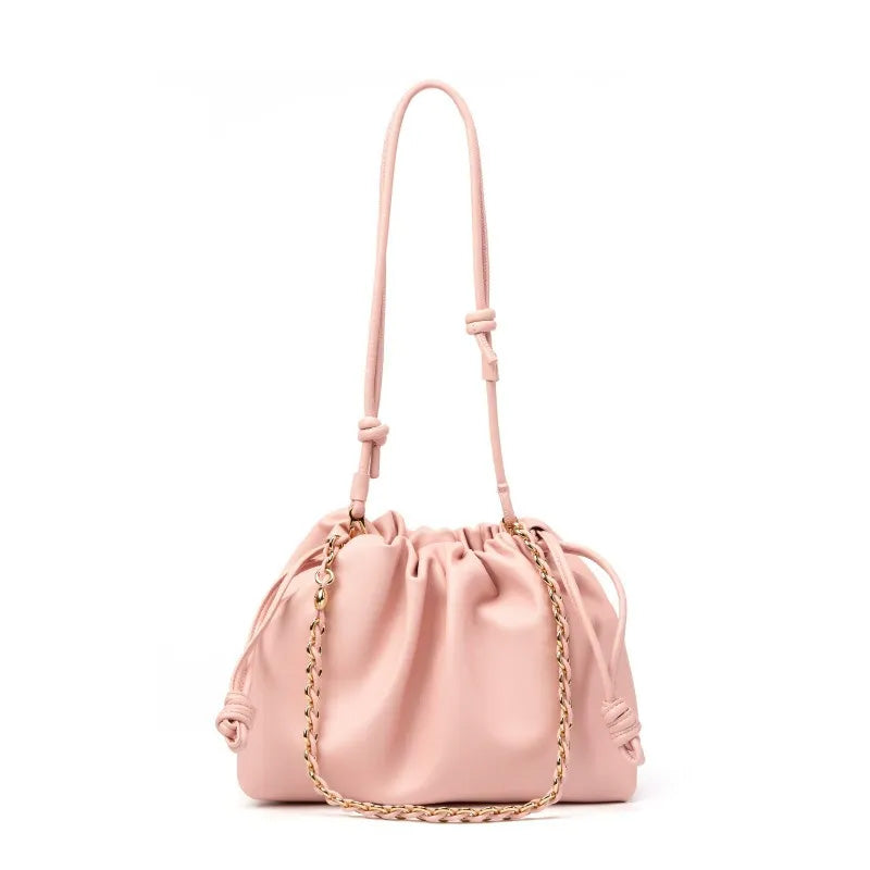Soft Cowhide Leather Slouchy Ruched Bucket Bag with Chain Strap