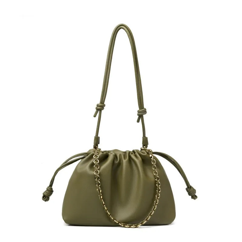 Soft Cowhide Leather Slouchy Ruched Bucket Bag with Chain Strap