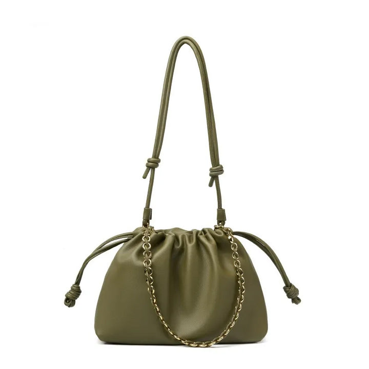 Soft Cowhide Leather Slouchy Ruched Bucket Bag with Chain Strap