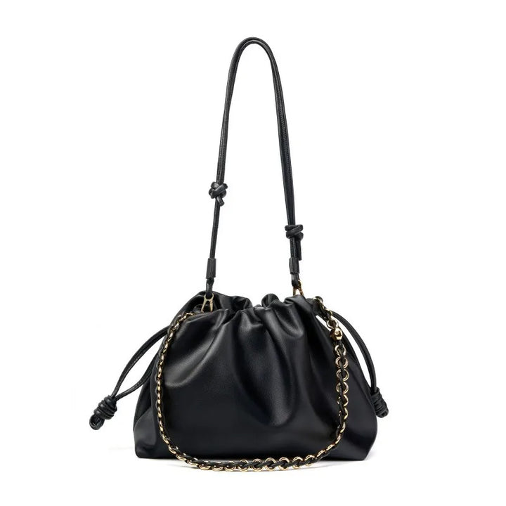 Soft Cowhide Leather Slouchy Ruched Bucket Bag with Chain Strap