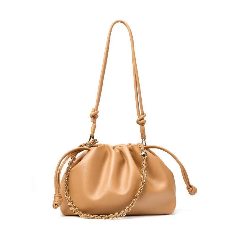Soft Cowhide Leather Slouchy Ruched Bucket Bag with Chain Strap