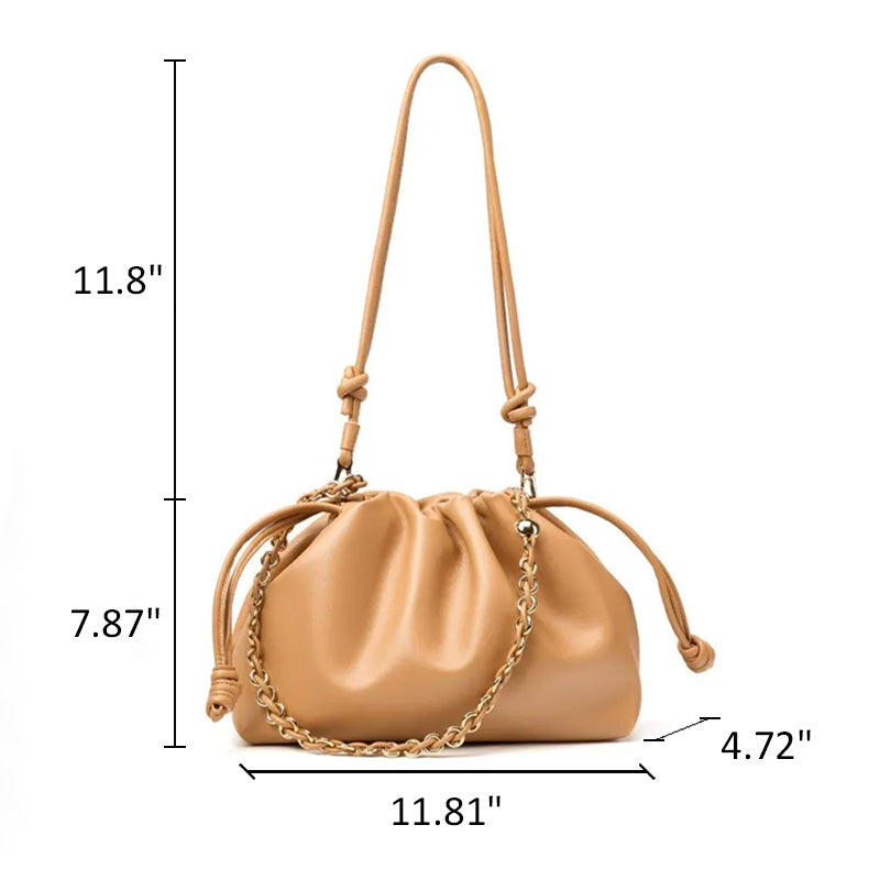 Soft Cowhide Leather Slouchy Ruched Bucket Bag with Chain Strap