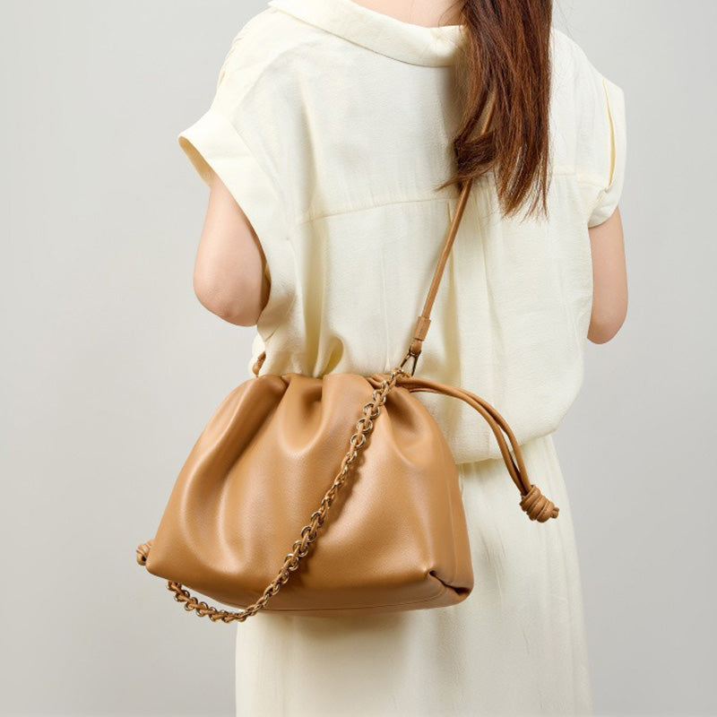 Soft Cowhide Leather Slouchy Ruched Bucket Bag with Chain Strap