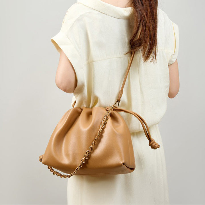 Soft Cowhide Leather Slouchy Ruched Bucket Bag with Chain Strap