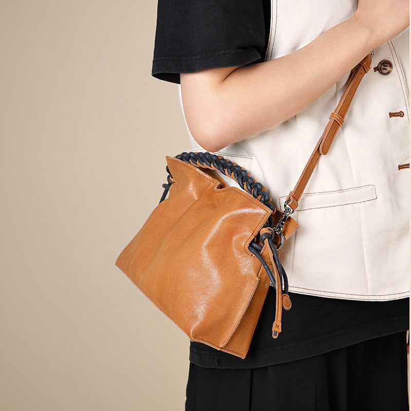 Leather Bucket Bag with Woven Handle Vintage Crossbody Shoulder Bag for Women
