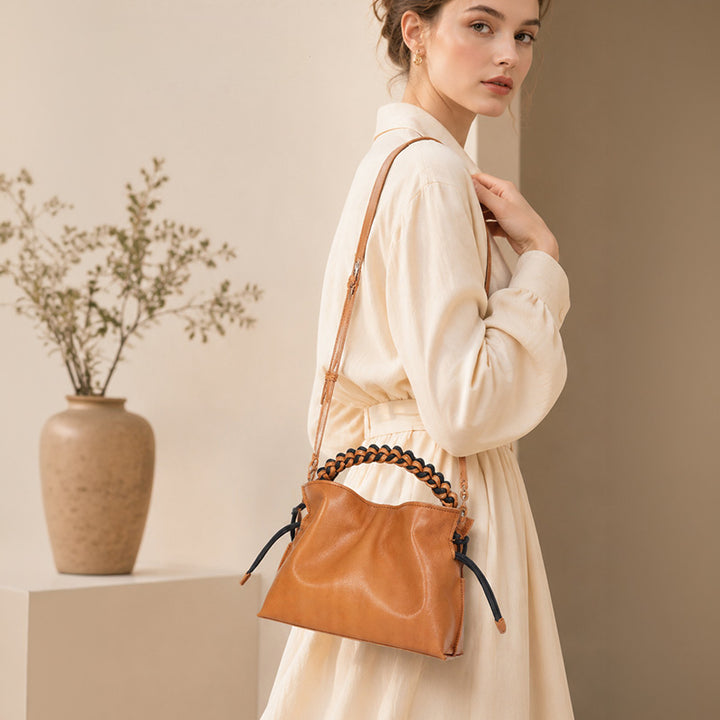 Leather Bucket Bag with Woven Handle Vintage Crossbody Shoulder Bag for Women