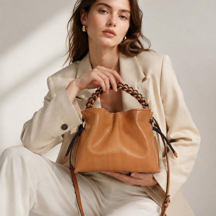 Leather Bucket Bag with Woven Handle Vintage Crossbody Shoulder Bag for Women