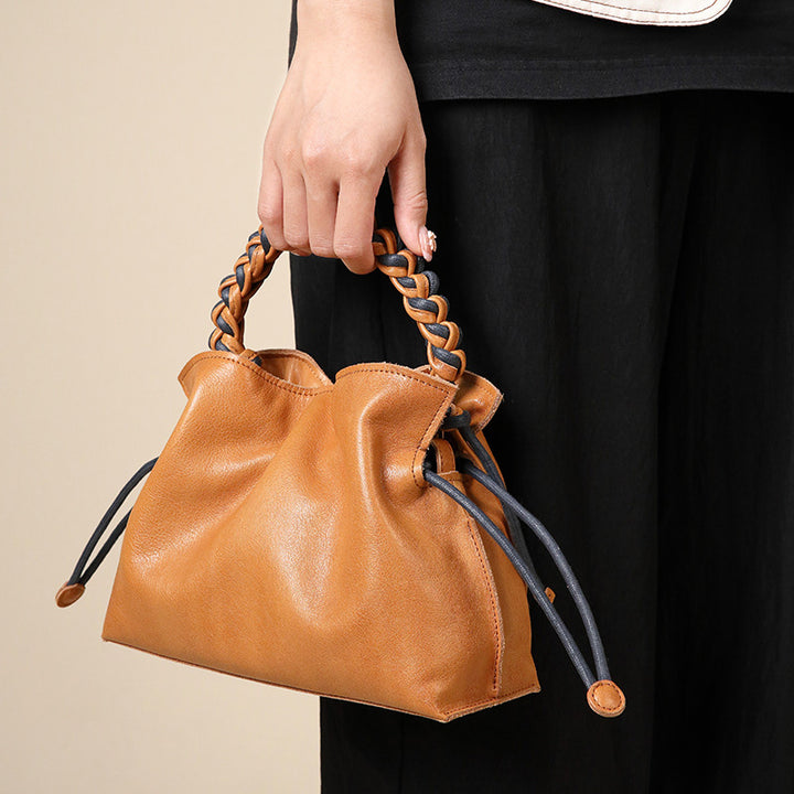 Leather Bucket Bag with Woven Handle Vintage Crossbody Shoulder Bag for Women