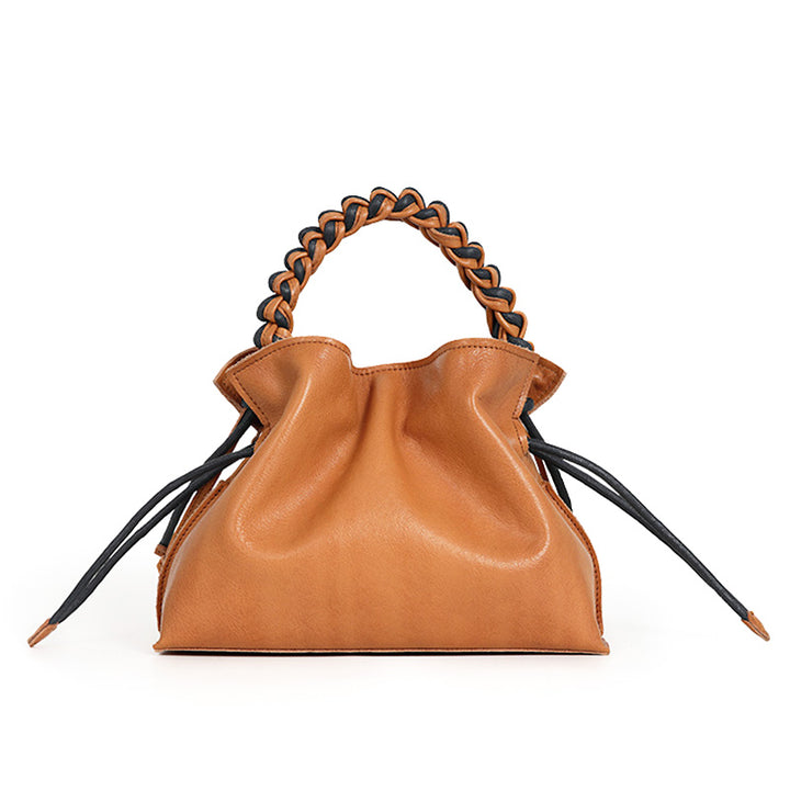 Leather Bucket Bag with Woven Handle Vintage Crossbody Shoulder Bag for Women
