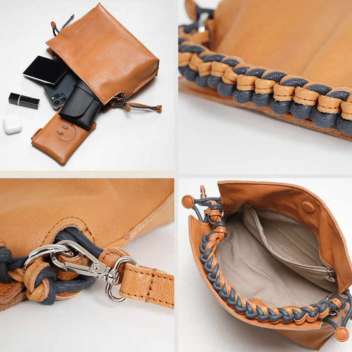 Leather Bucket Bag with Woven Handle Vintage Crossbody Shoulder Bag for Women
