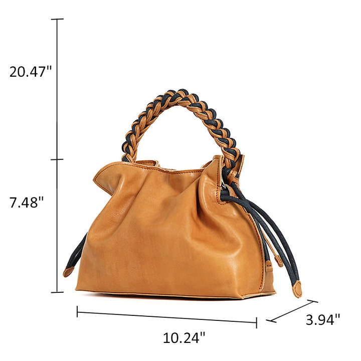 Leather Bucket Bag with Woven Handle Vintage Crossbody Shoulder Bag for Women
