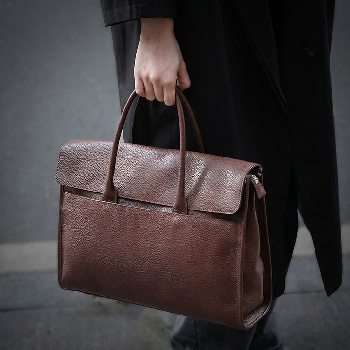 Vegetable Tanned Leather Briefcase Large Capacity  Double Top Handle Laptop Bag