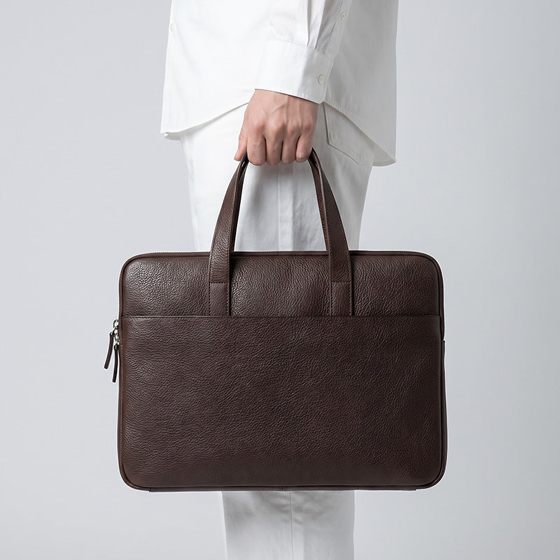 Slim Vegetable Tanned Leather Laptop Briefcase Minimalist Top Handle Work Bag