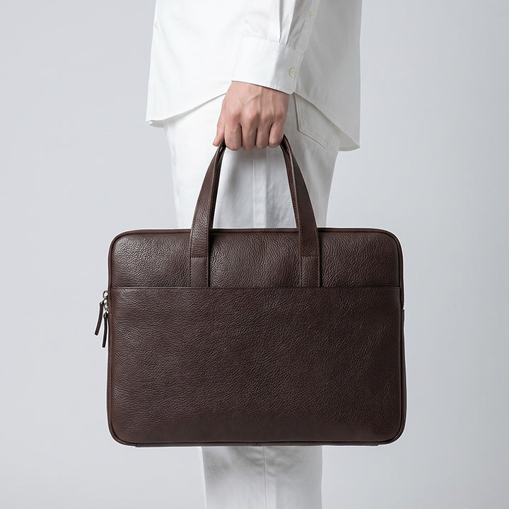 Slim Vegetable Tanned Leather Laptop Briefcase Minimalist Top Handle Work Bag