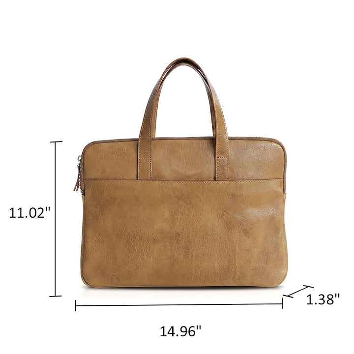 Slim Vegetable Tanned Leather Laptop Briefcase Minimalist Top Handle Work Bag