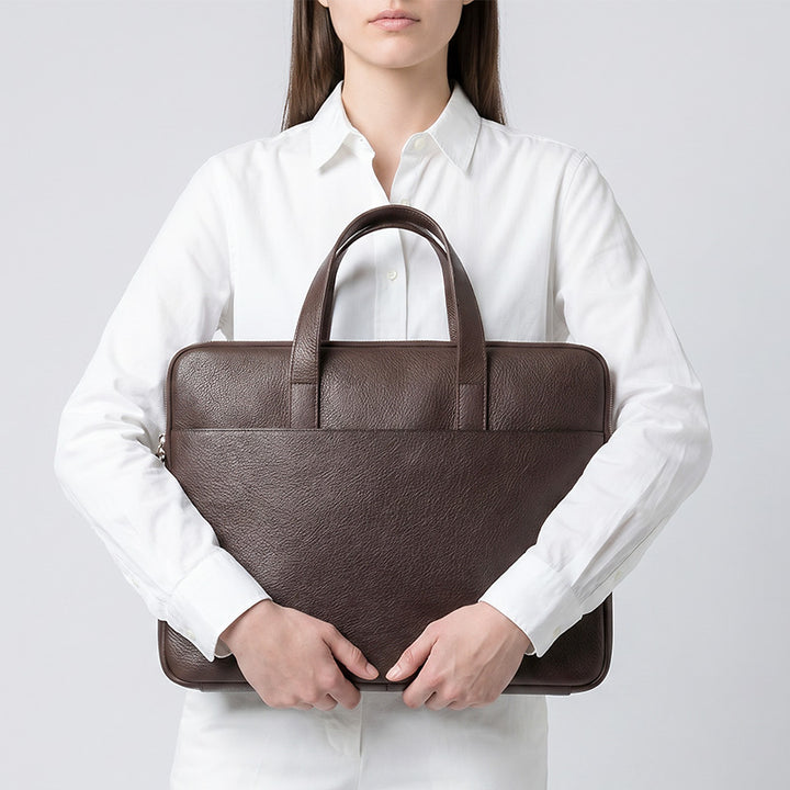 Slim Vegetable Tanned Leather Laptop Briefcase Minimalist Top Handle Work Bag