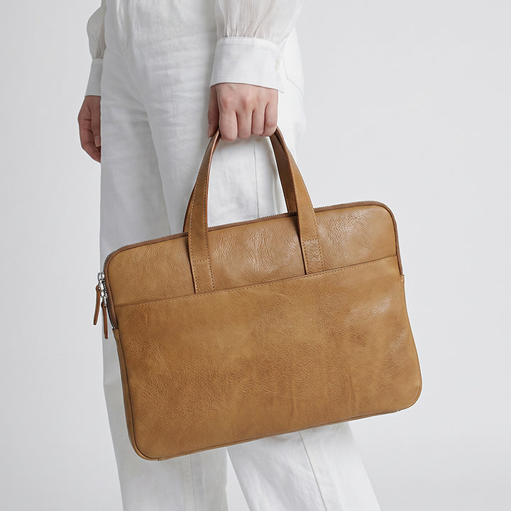 Slim Vegetable Tanned Leather Laptop Briefcase Minimalist Top Handle Work Bag