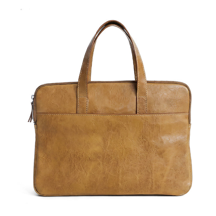 Slim Vegetable Tanned Leather Laptop Briefcase Minimalist Top Handle Work Bag