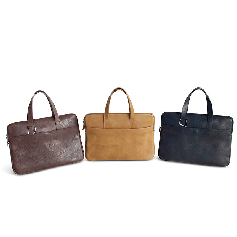 Slim Vegetable Tanned Leather Laptop Briefcase Minimalist Top Handle Work Bag