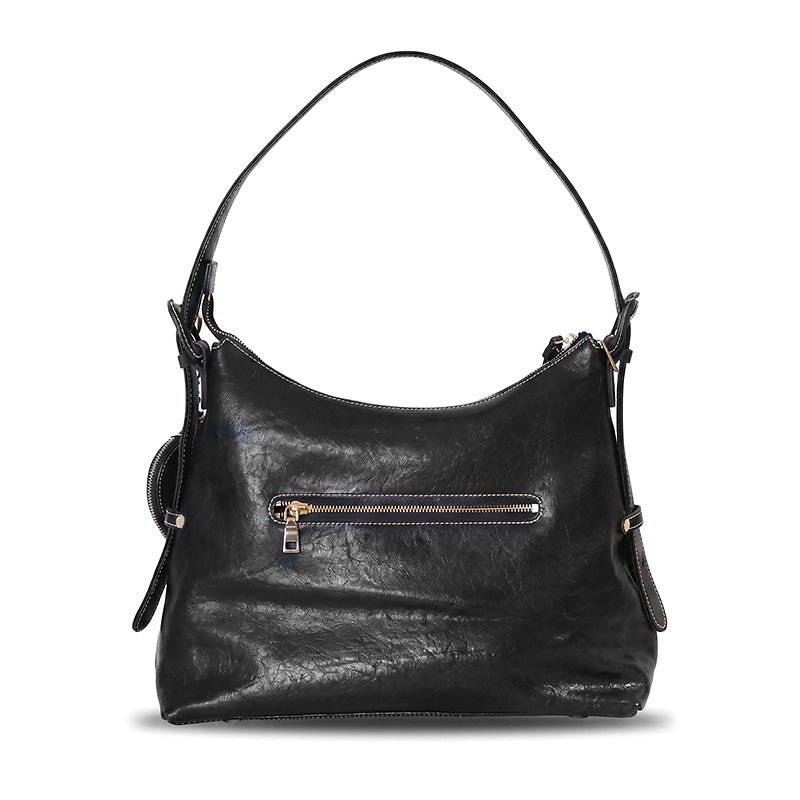 Vegetable Tanned Leather Hobo Bag Slouchy Shoulder Bag with Cat Charm