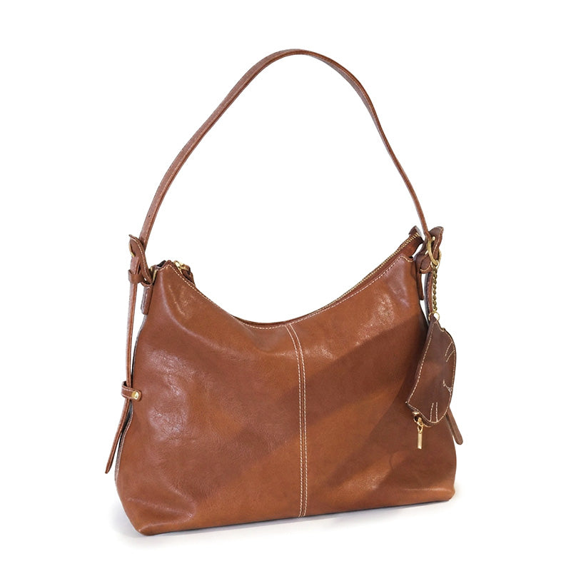 Vegetable Tanned Leather Hobo Bag Slouchy Shoulder Bag with Cat Charm