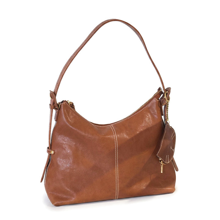 Vegetable Tanned Leather Hobo Bag Slouchy Shoulder Bag with Cat Charm