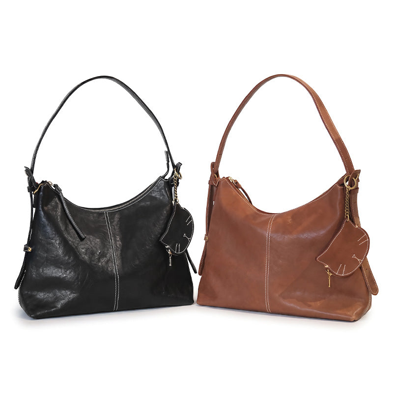 Vegetable Tanned Leather Hobo Bag Slouchy Shoulder Bag with Cat Charm