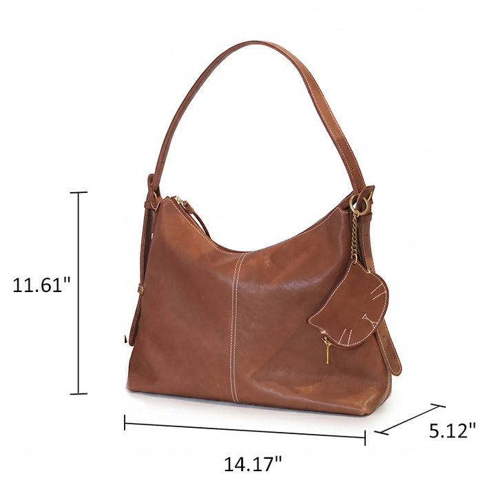 Vegetable Tanned Leather Hobo Bag Slouchy Shoulder Bag with Cat Charm
