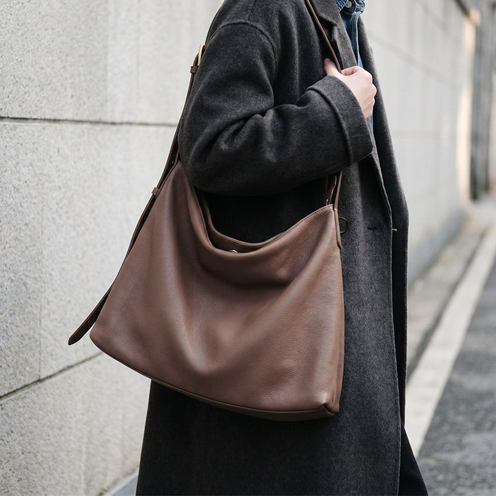 Sac fourre-tout polyvalent grande capacité en cuir de vachette tanné végétal
