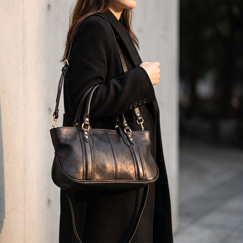 Vegetable Tanned Leather Top Handle Bag Structured Satchel with Crossbody Strap