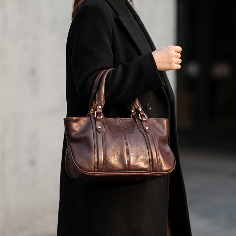 Vegetable Tanned Leather Top Handle Bag Structured Satchel with Crossbody Strap